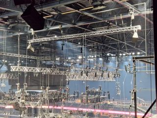 Lighting truss and rig hanging inside a large arena